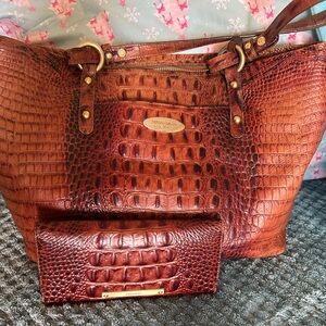 Brahmin Croc-Embossed Leather Tote and Wallet in Chestnut